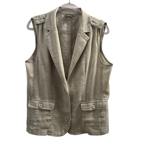 J. JILL VEST, Size PL, Tan Button Front Linen Vest w/ Pockets & Shoulder Detail. - Picture 1 of 11